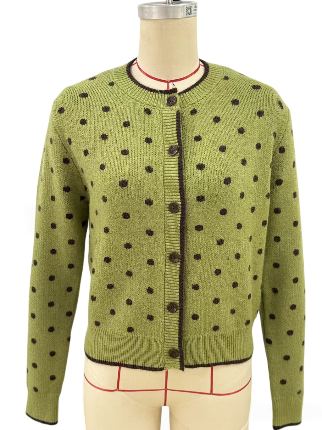 Olive Dotted Crew Neck Cardigan with Contrast Trim - Green - 1