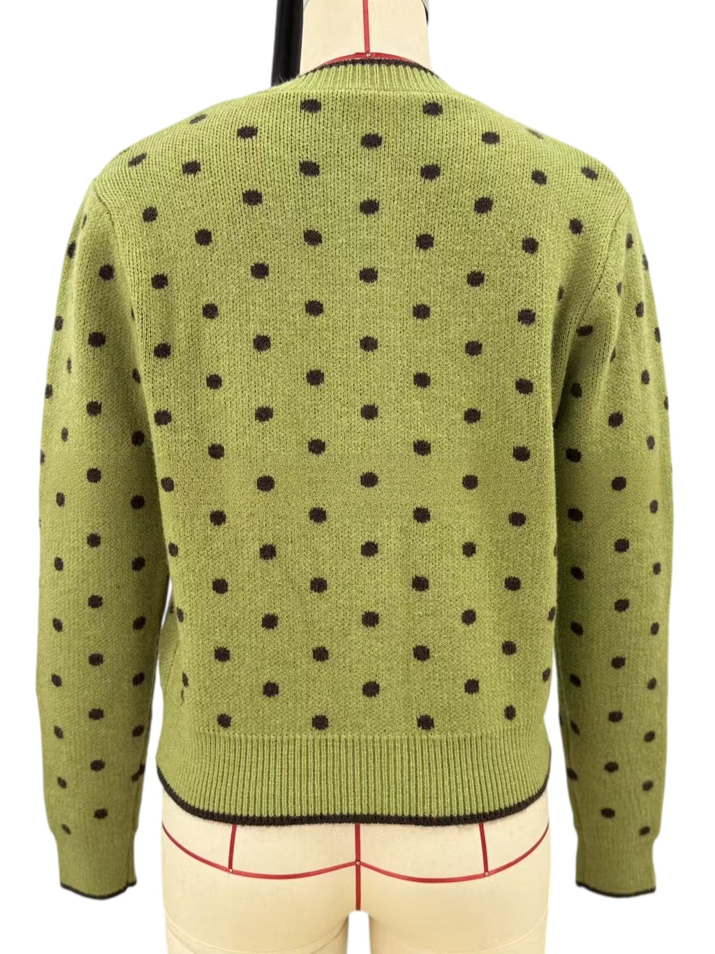 Olive Dotted Crew Neck Cardigan with Contrast Trim - Green - 2