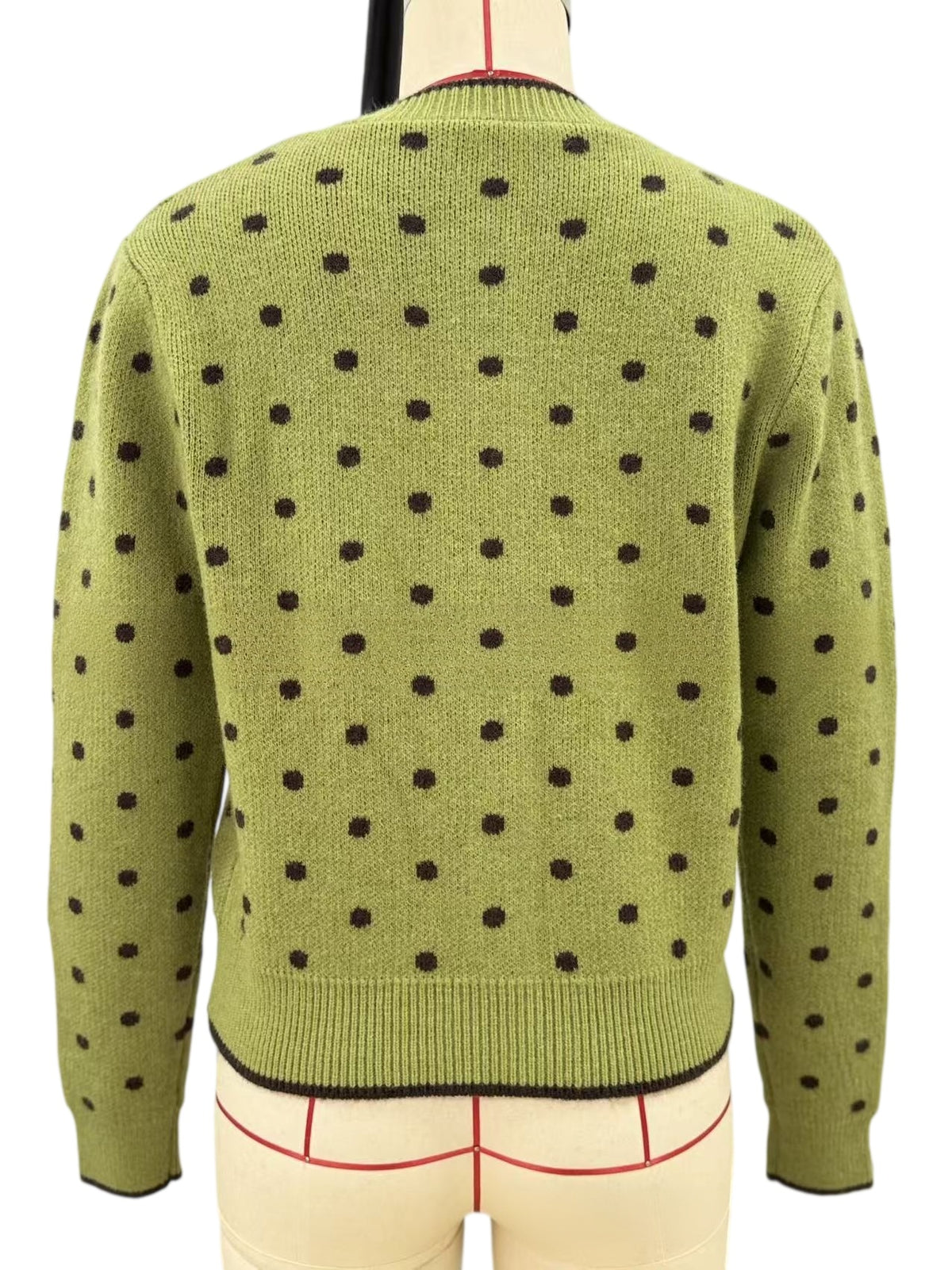 Olive Dotted Crew Neck Cardigan with Contrast Trim - Green - 2