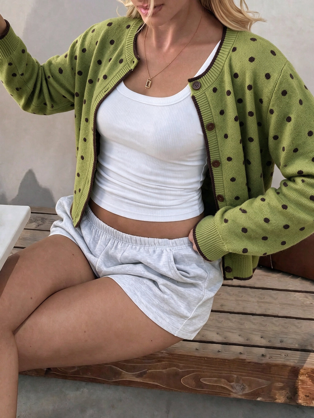 Olive Dotted Crew Neck Cardigan with Contrast Trim - Green - 3