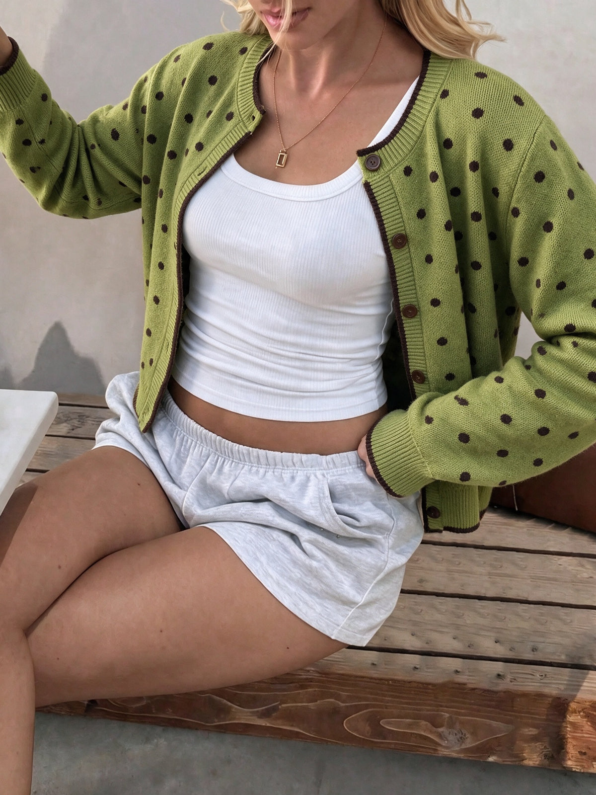 Olive Dotted Crew Neck Cardigan with Contrast Trim - Green - 3