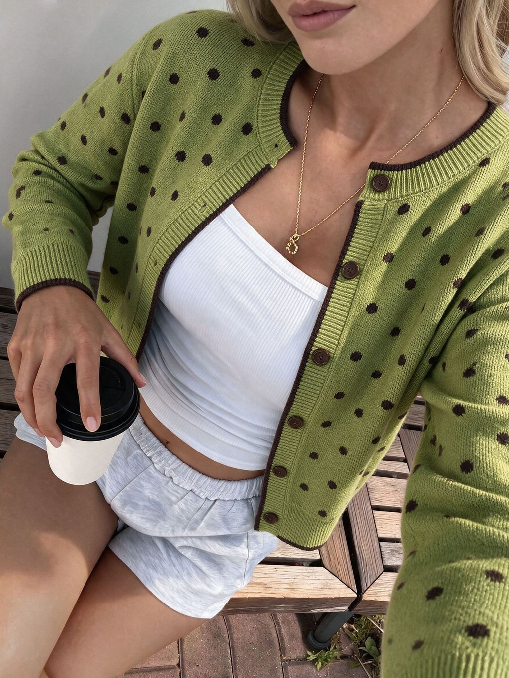 Olive Dotted Crew Neck Cardigan with Contrast Trim - Green - 4