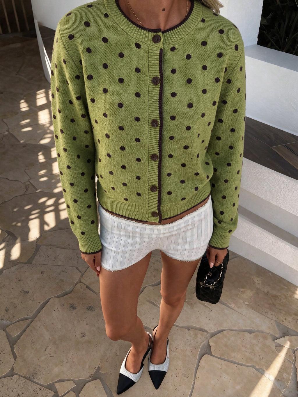 Olive Dotted Crew Neck Cardigan with Contrast Trim - Green - 5