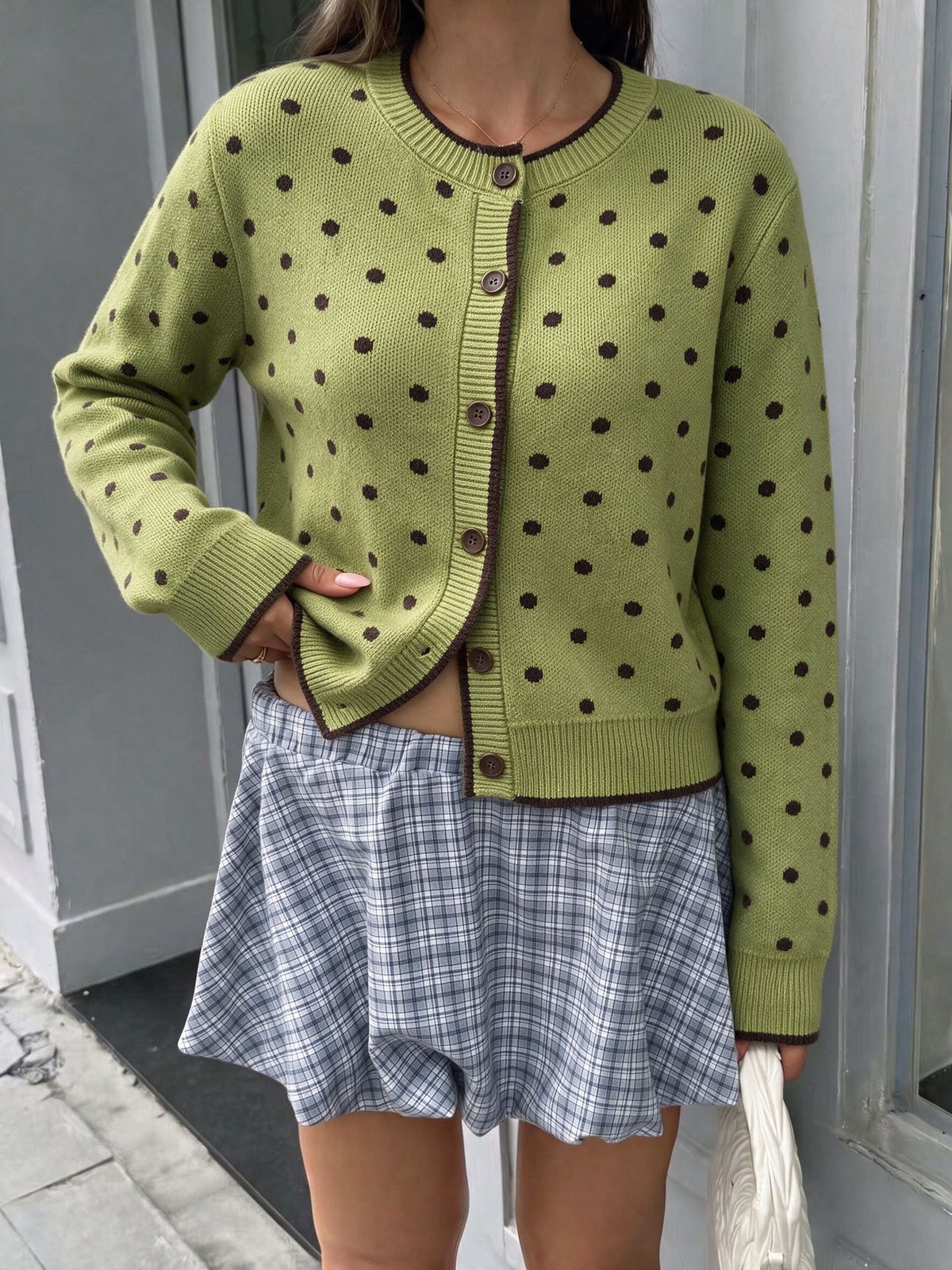 Olive Dotted Crew Neck Cardigan with Contrast Trim - Green - 6