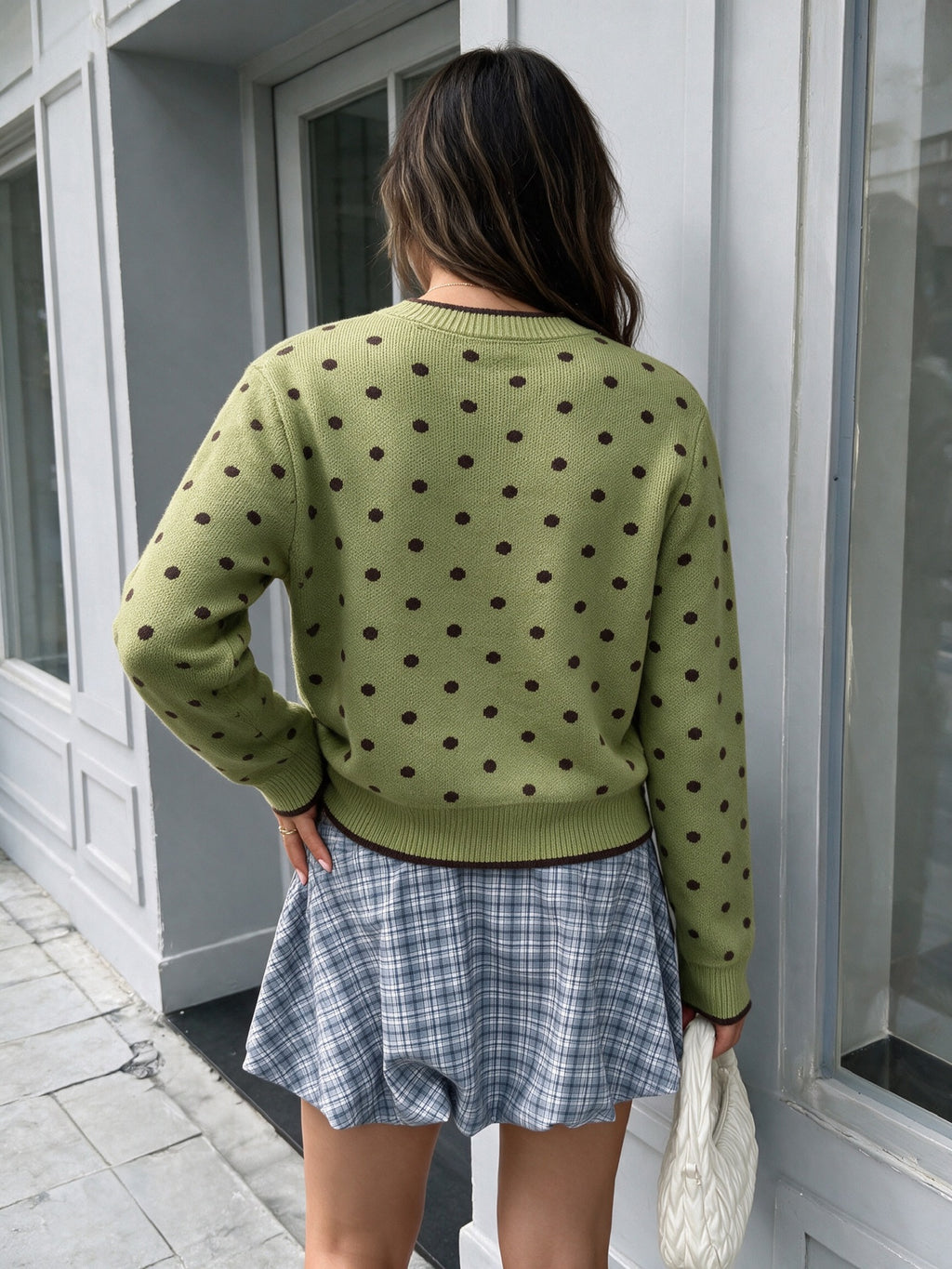 Olive Dotted Crew Neck Cardigan with Contrast Trim - Green - 7