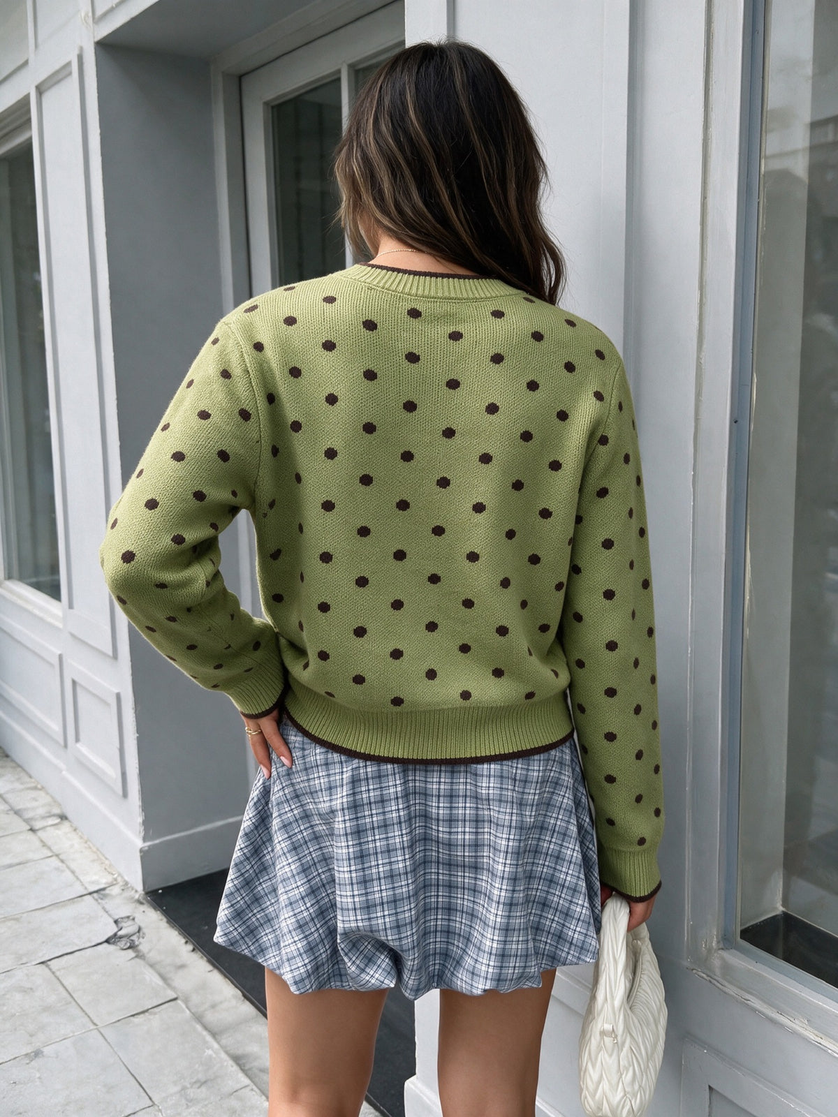 Olive Dotted Crew Neck Cardigan with Contrast Trim - Green - 7