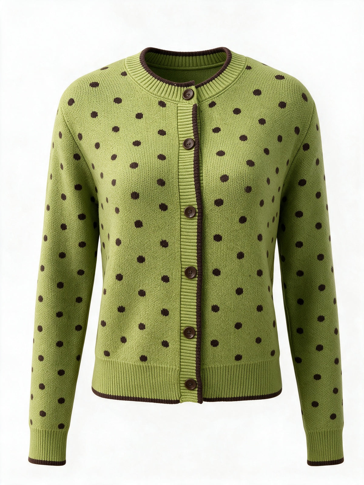 Olive Dotted Crew Neck Cardigan with Contrast Trim - Green - 8