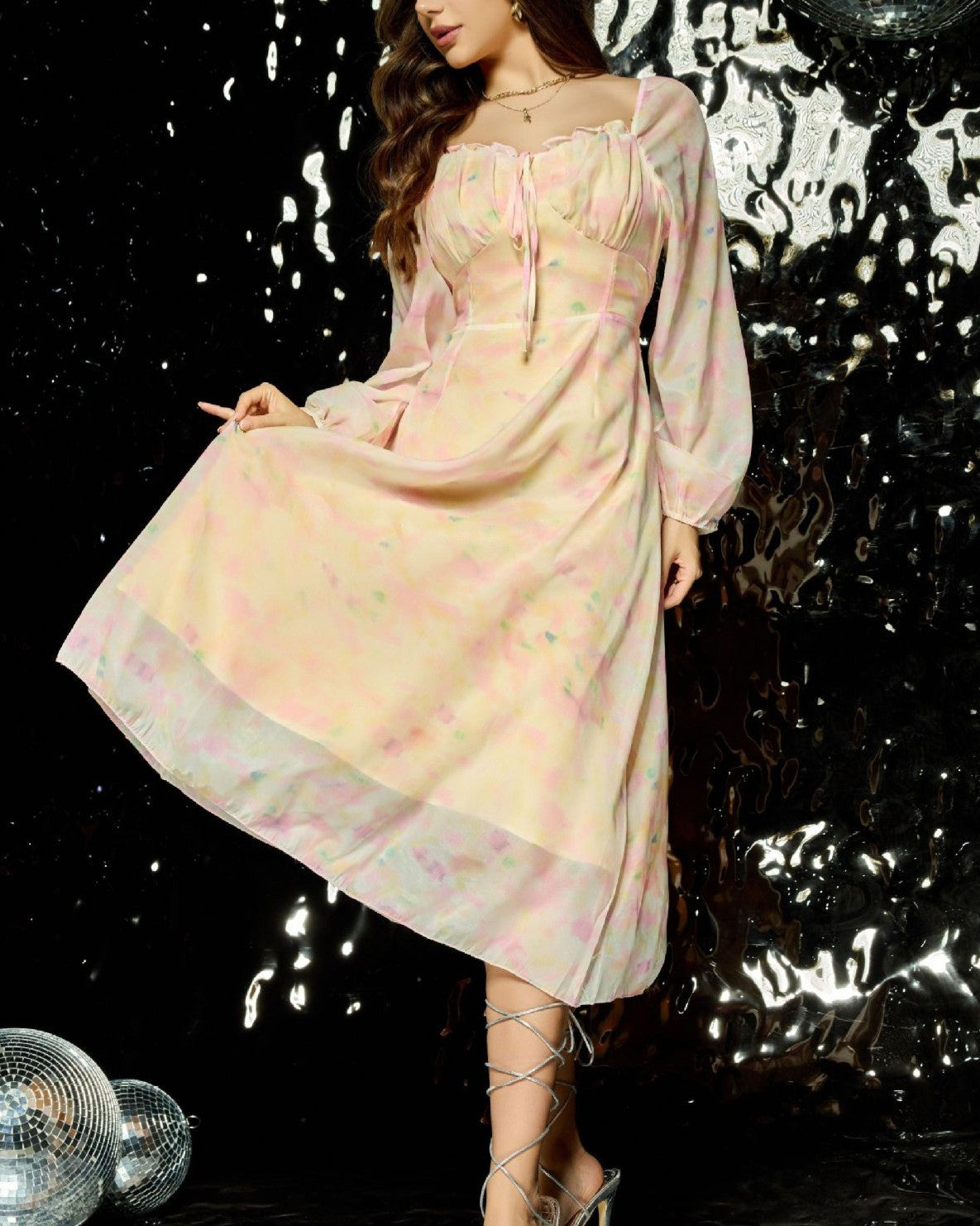 Watercolor Floral Puff Sleeve Chiffon Midi Dress - Color