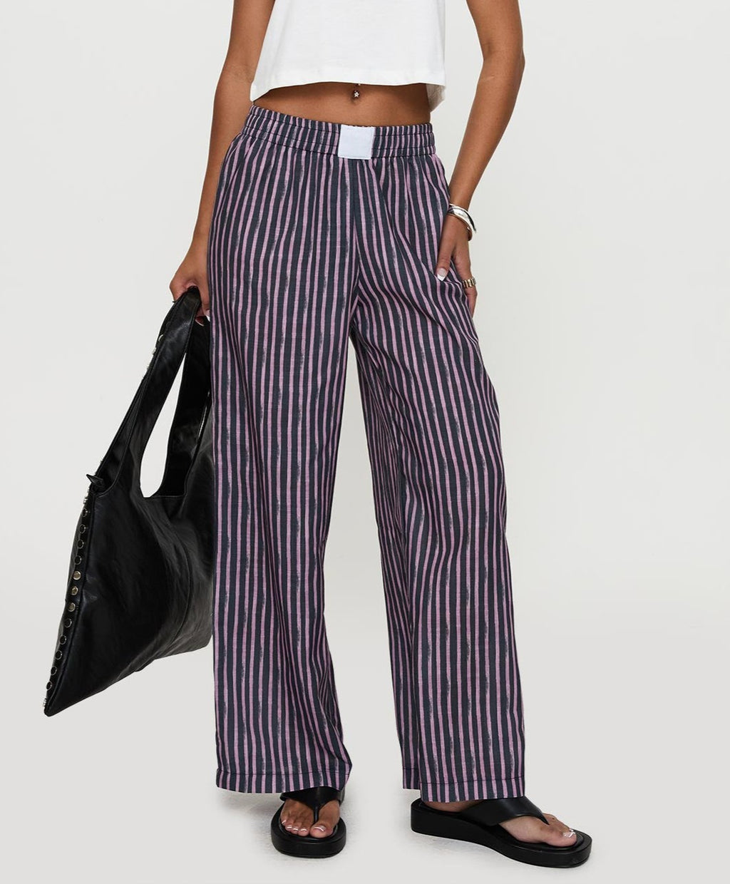 Striped Wide Leg Pull On Trousers - Black