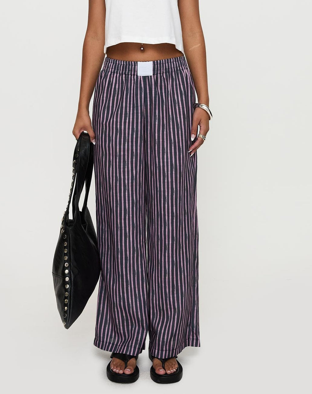 Striped Wide Leg Pull On Trousers - Black - 1