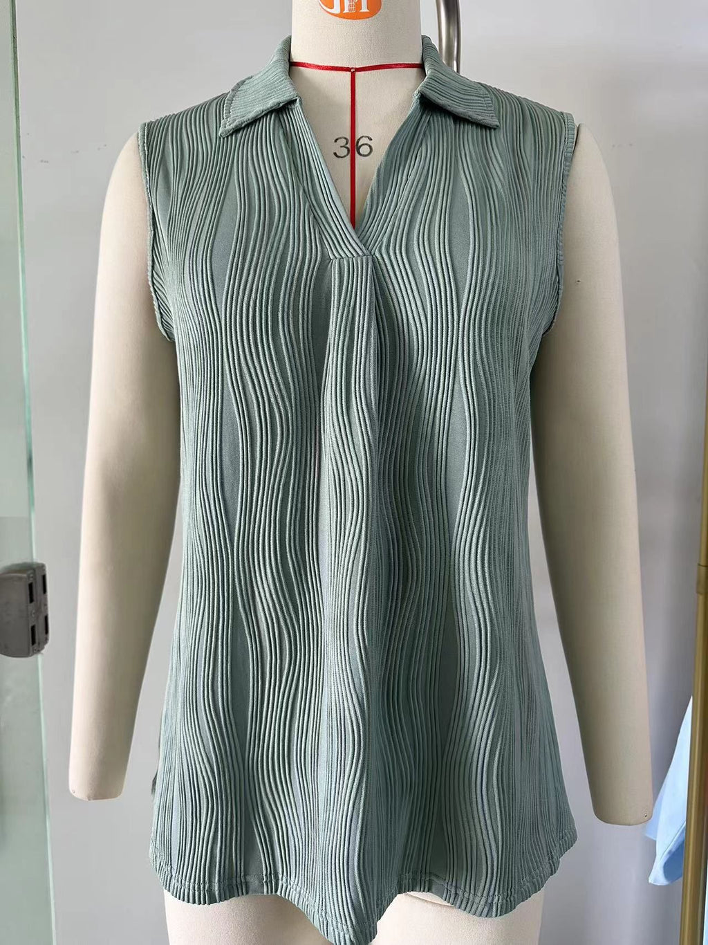 Sleeveless Collared V Neck Textured Blouse - Sage - 4