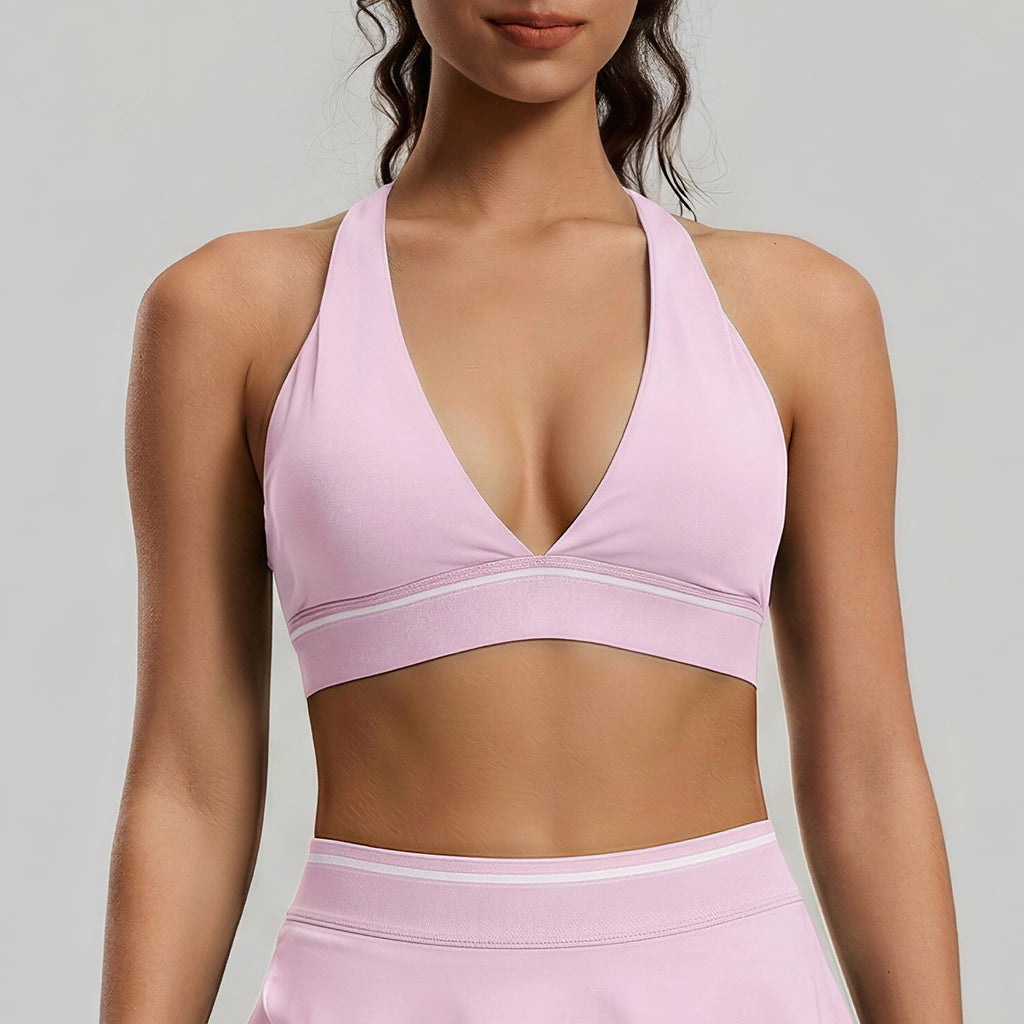 Contrast Trim Deep V Halter Stretch Sports Bra - Pink