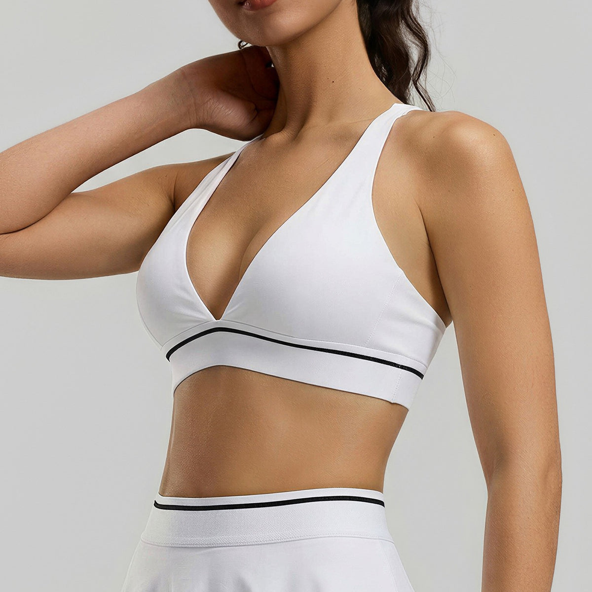 Contrast Trim Deep V Halter Stretch Sports Bra - White