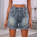 Studded Curved Panel Frayed Denim Shorts - Grey