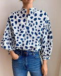 Retro Dalmatian-Spot Balloon-Sleeve Button-Up Shirt - Blue