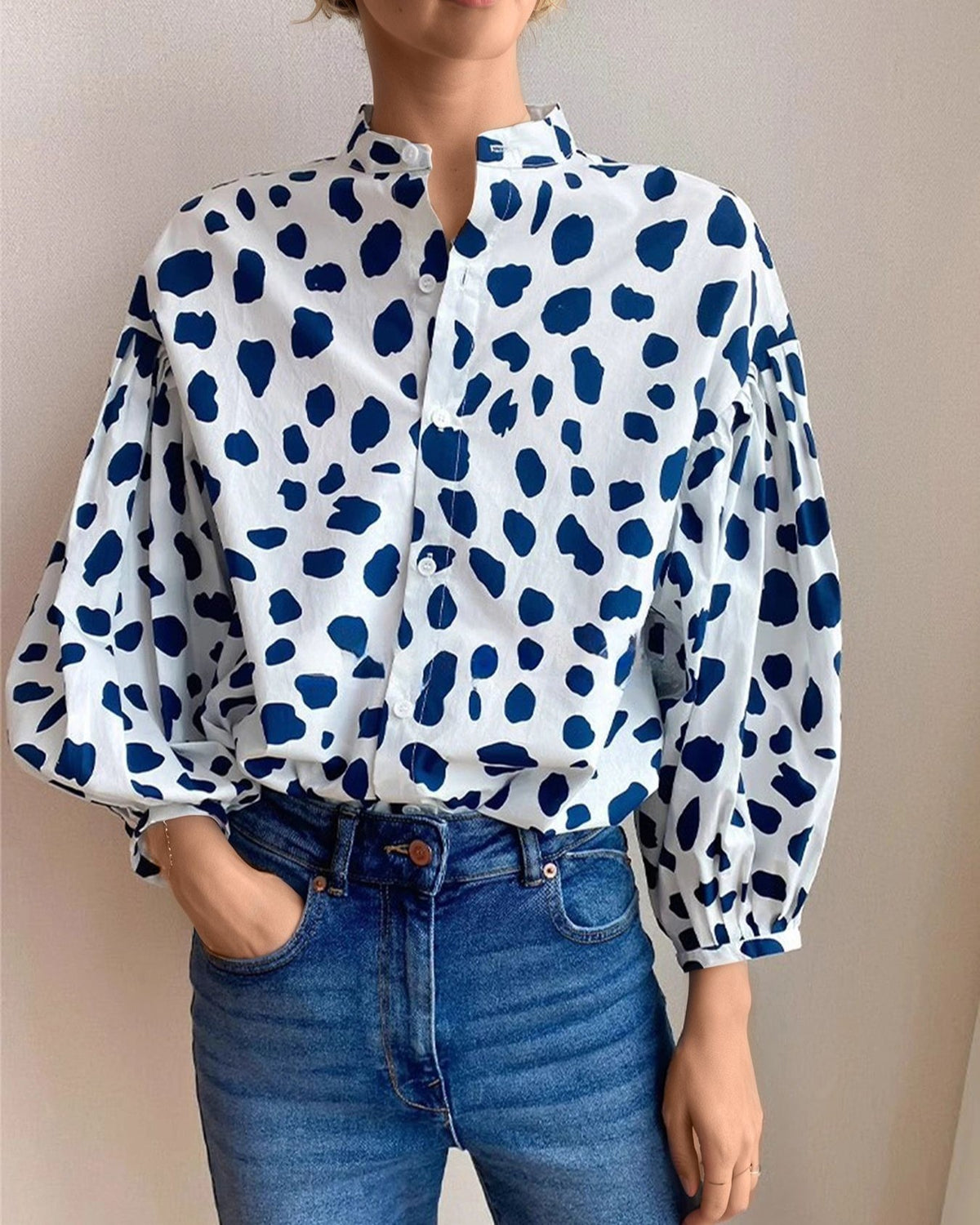 Retro Dalmatian-Spot Balloon-Sleeve Button-Up Shirt - Blue