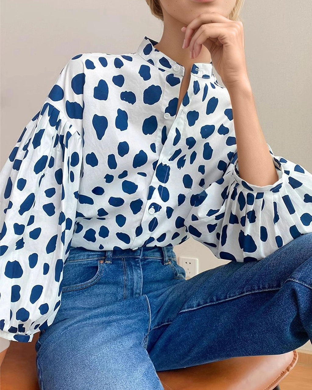 Retro Dalmatian-Spot Balloon-Sleeve Button-Up Shirt - Blue - 2