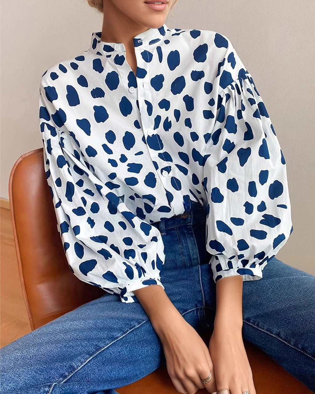 Retro Dalmatian-Spot Balloon-Sleeve Button-Up Shirt - Blue - 3