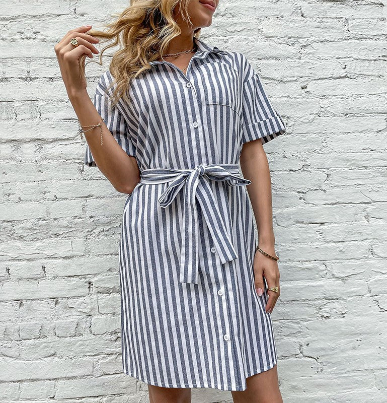 Striped Belted Short Sleeve Mini Shirt Dress - Grey - 5