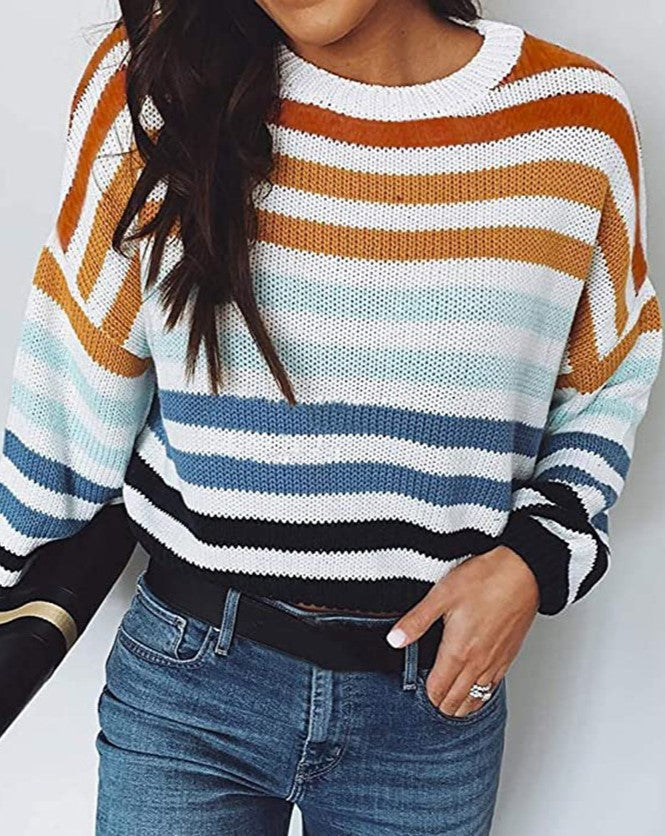 Color Block Striped Crewneck Knit Sweater - Blue