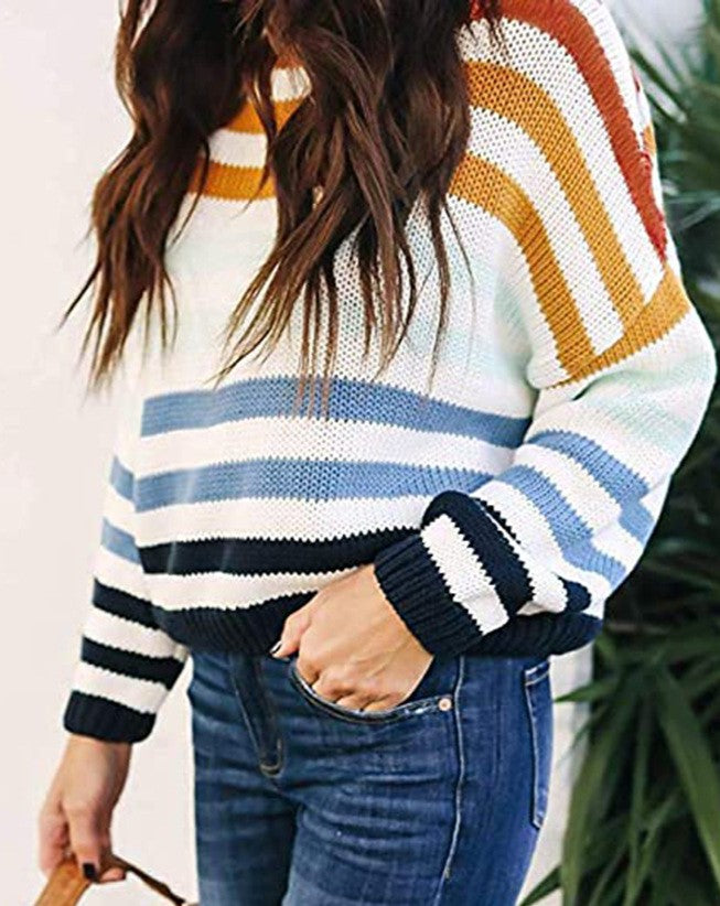 Color Block Striped Crewneck Knit Sweater - Blue - 1