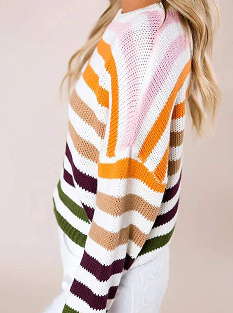 Color Block Striped Crewneck Knit Sweater - DarkGreen - 1