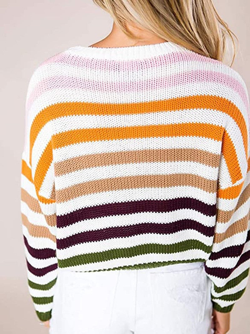 Color Block Striped Crewneck Knit Sweater - DarkGreen - 2