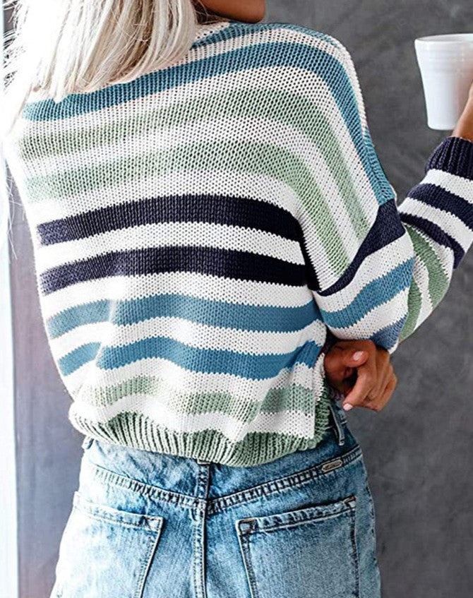 Color Block Striped Crewneck Knit Sweater - Green - 1