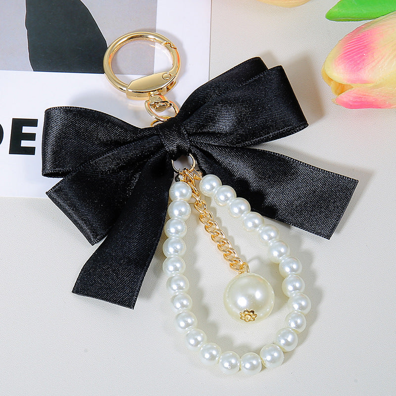 Satin Bow Pearl Chain Bag Charm Keychain - Black