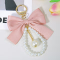 Satin Bow Pearl Chain Bag Charm Keychain - Pink