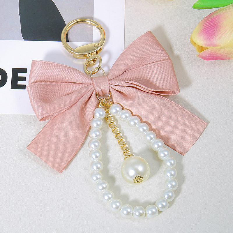 Satin Bow Pearl Chain Bag Charm Keychain - Pink