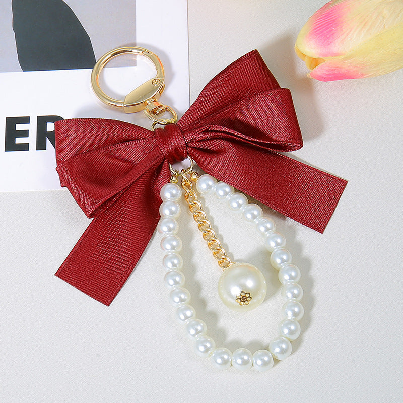 Satin Bow Pearl Chain Bag Charm Keychain - Red