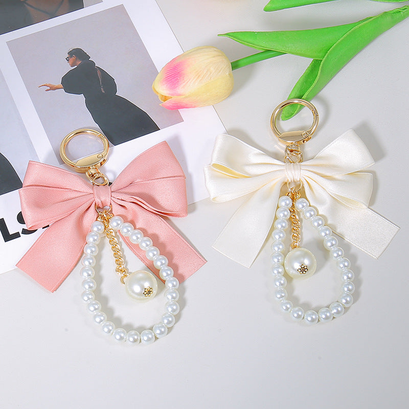 Satin Bow Pearl Chain Bag Charm Keychain