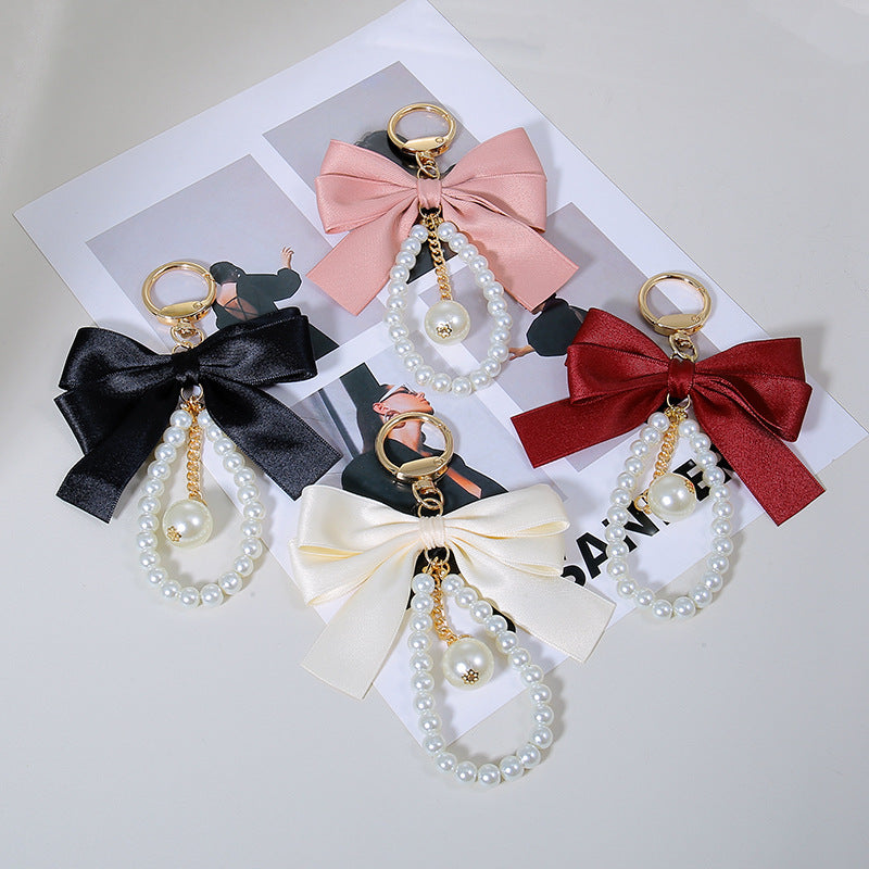 Satin Bow Pearl Chain Bag Charm Keychain - view 1