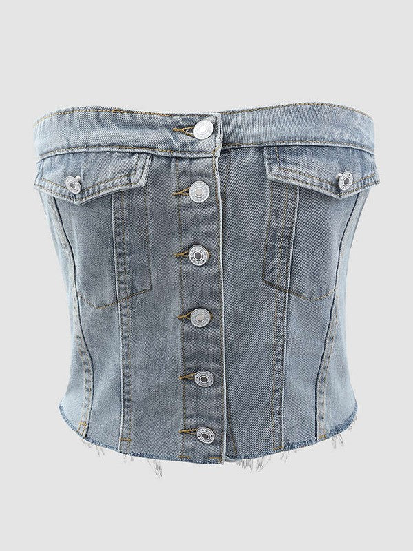 Button Front Denim Corset Bandeau Top - Blue