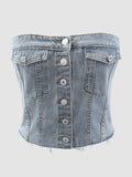 Button Front Denim Corset Bandeau Top - Blue
