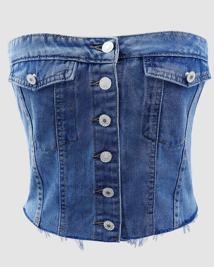 Button Front Denim Corset Bandeau Top - Dark Blue
