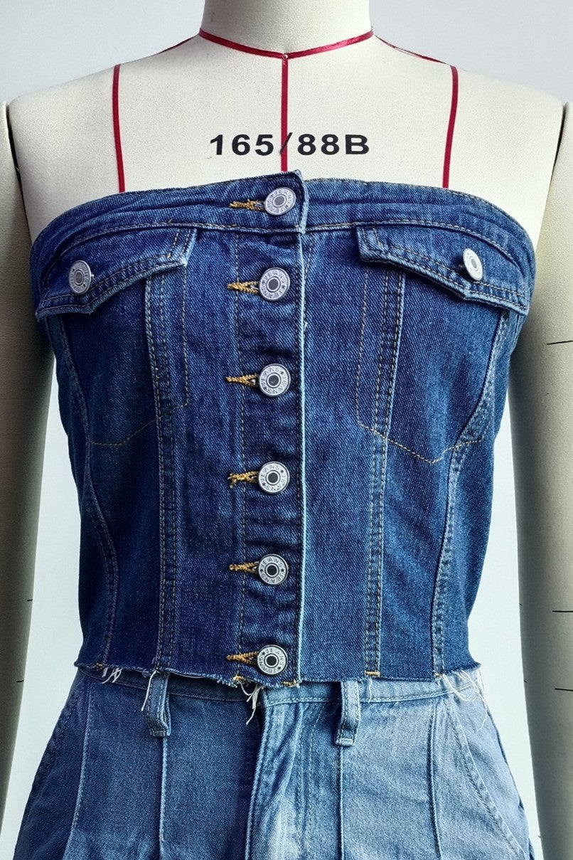 Button Front Denim Corset Bandeau Top - Dark Blue - 1