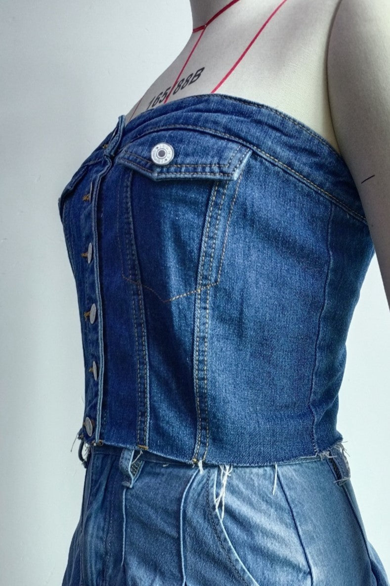 Button Front Denim Corset Bandeau Top - Dark Blue - 2