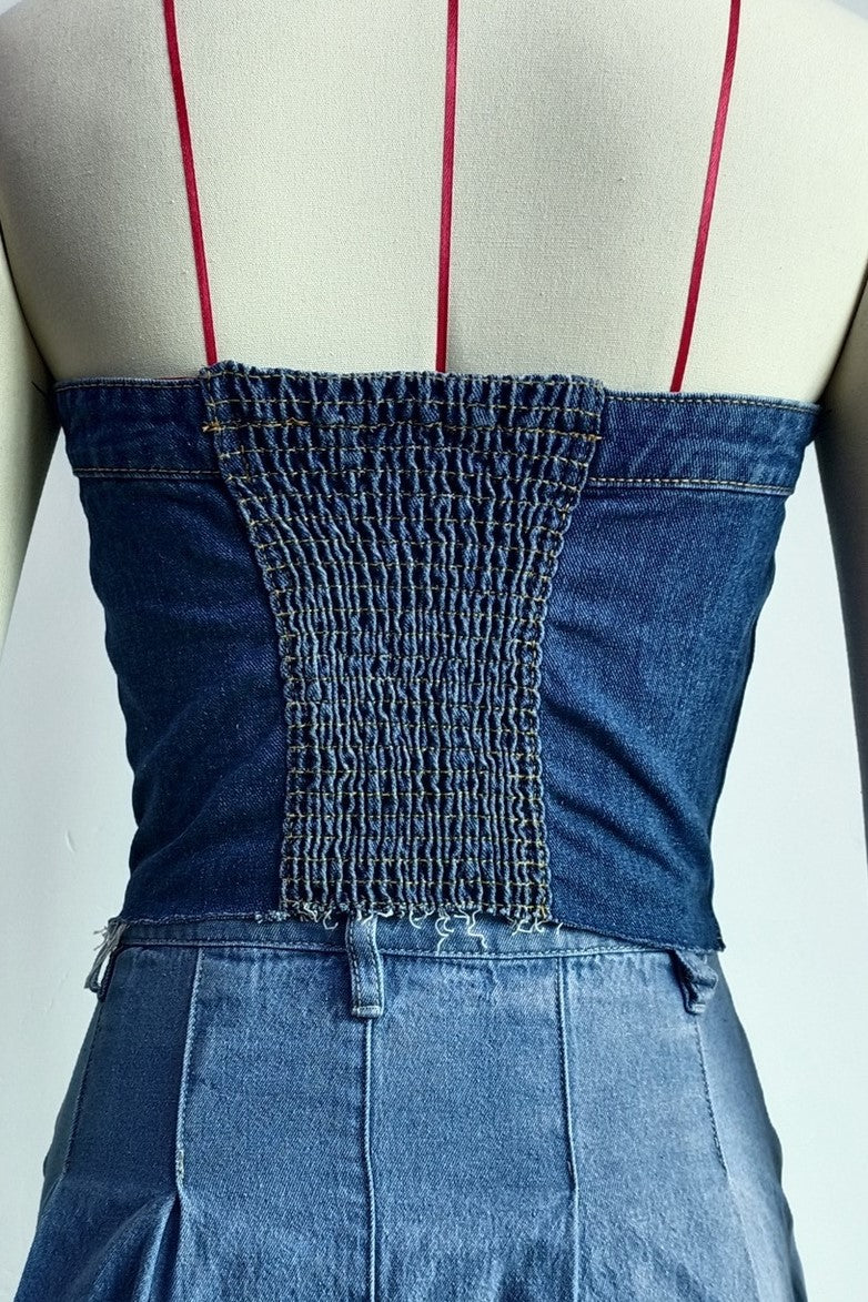 Button Front Denim Corset Bandeau Top - Dark Blue - 3