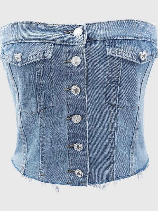 Button Front Denim Corset Bandeau Top - Light blue