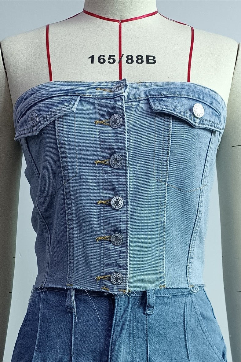 Button Front Denim Corset Bandeau Top - Light blue - 1
