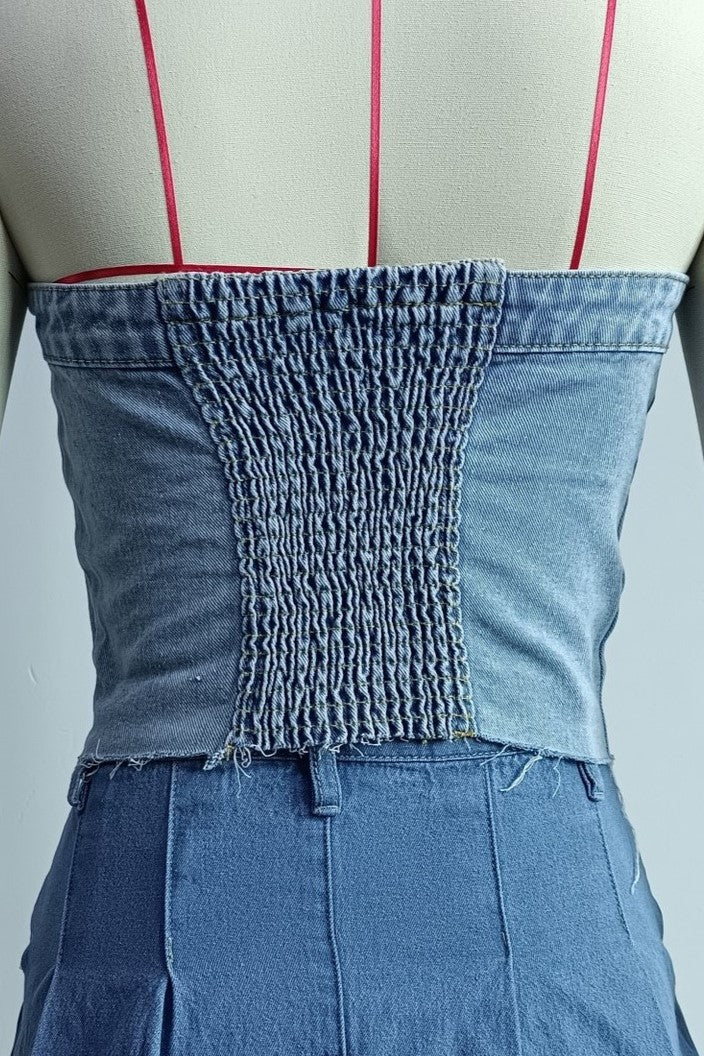 Button Front Denim Corset Bandeau Top - Light blue - 3