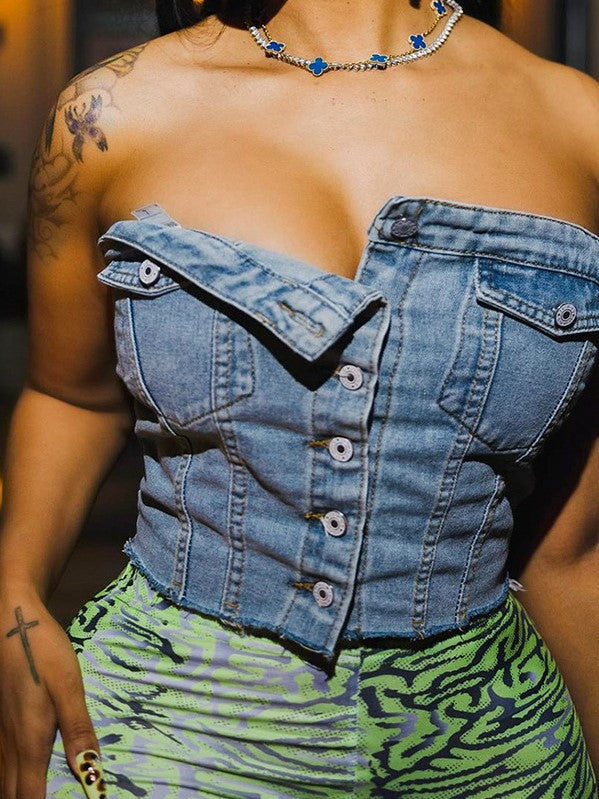 Button Front Denim Corset Bandeau Top