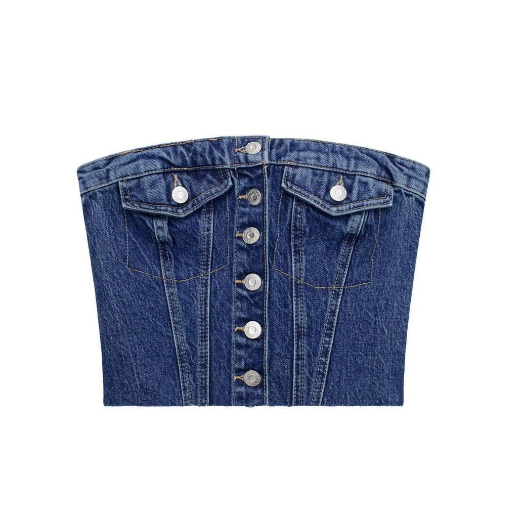 Button Front Denim Corset Bandeau Top - view 16