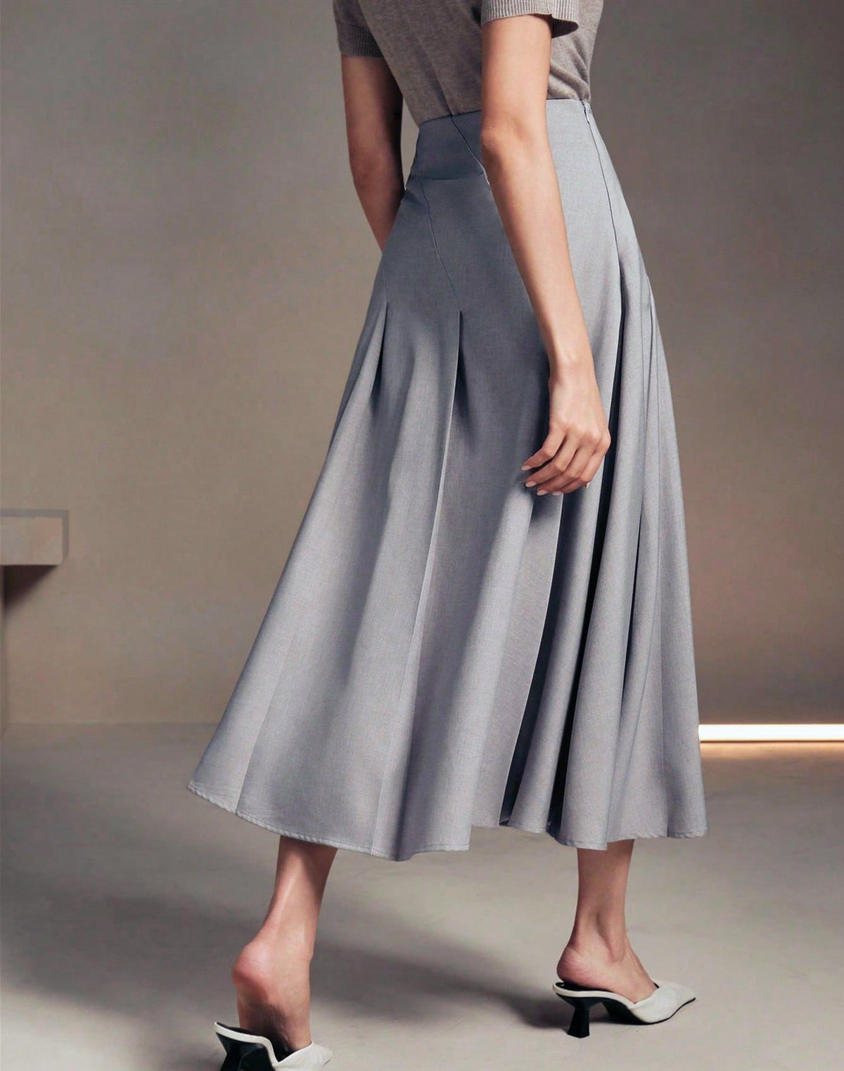 High Waist Pleated A Line Midi Skirt - Grey - 3