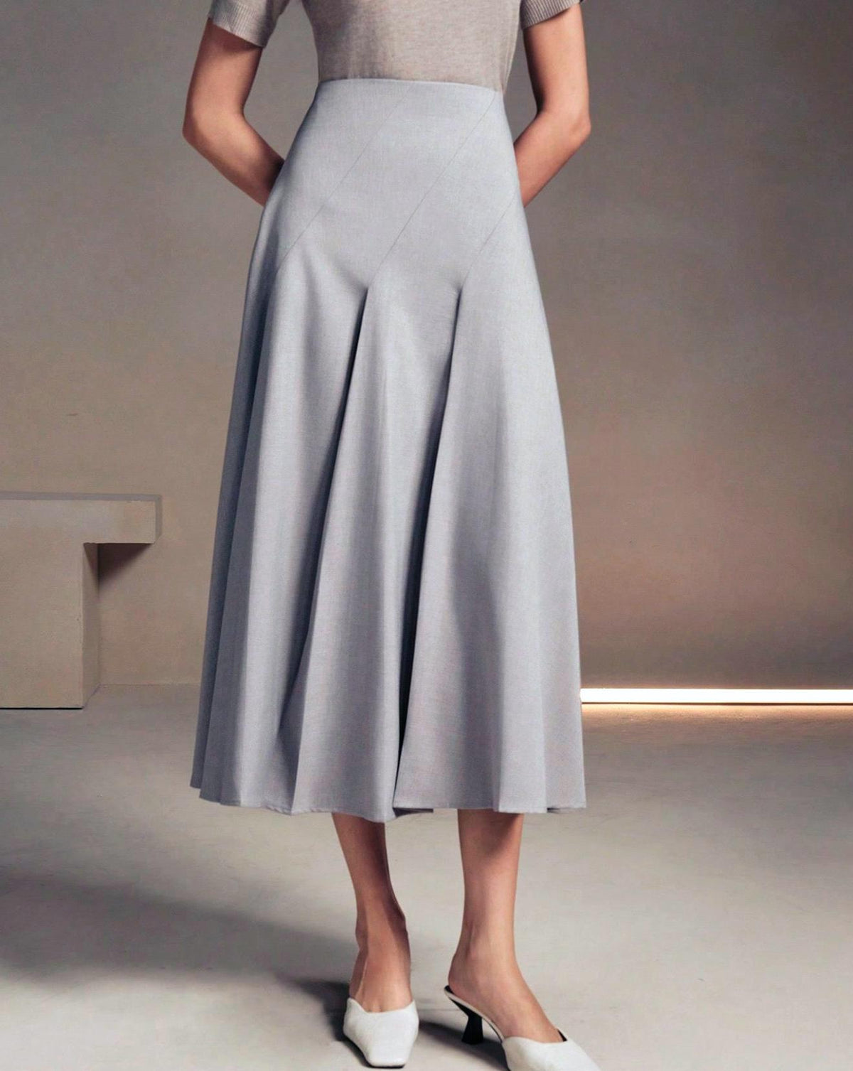 High Waist Pleated A Line Midi Skirt - Grey - 4