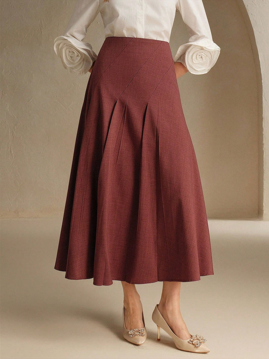 High Waist Pleated A Line Midi Skirt - Red - 1