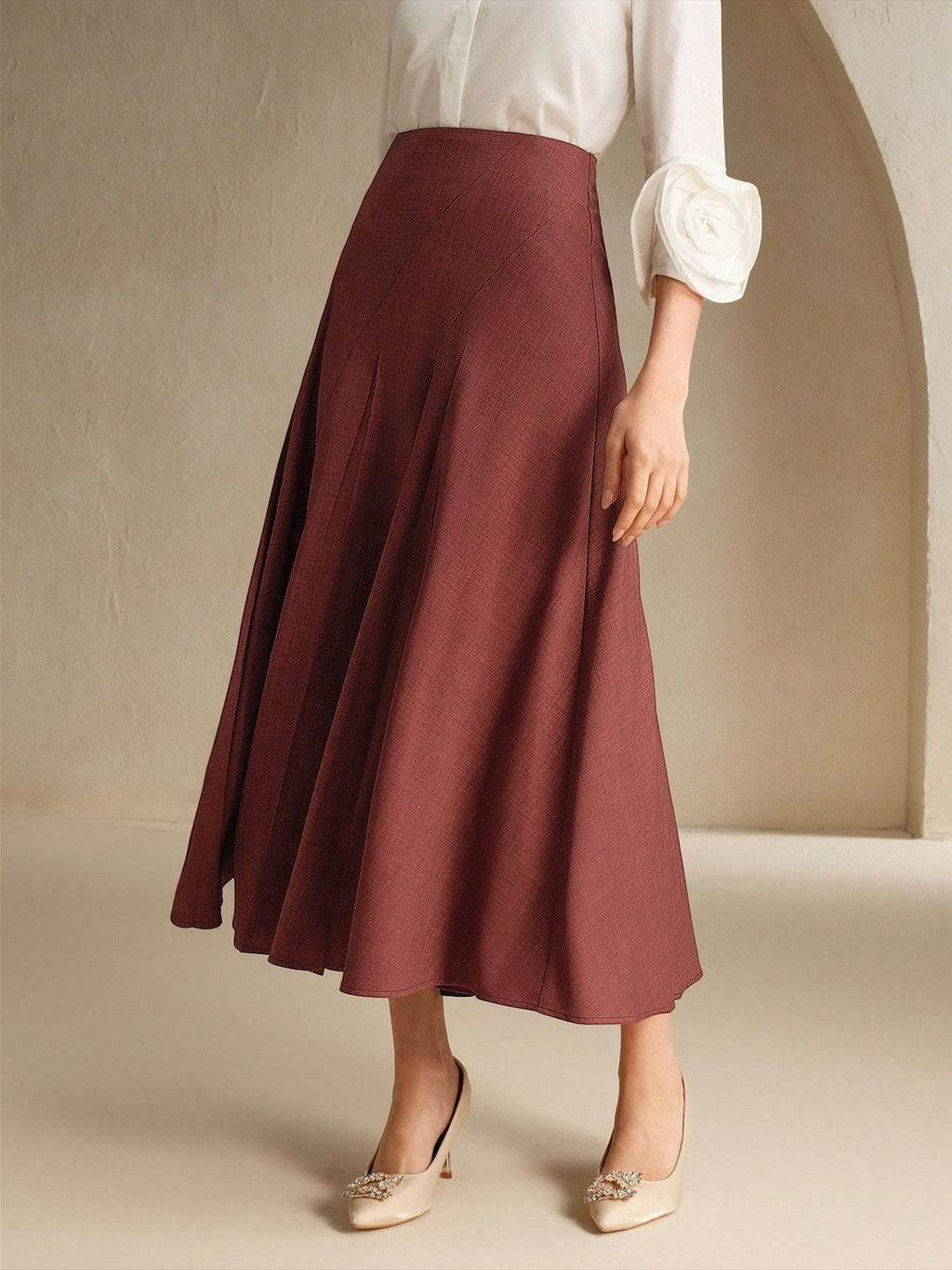 High Waist Pleated A Line Midi Skirt - Red - 2