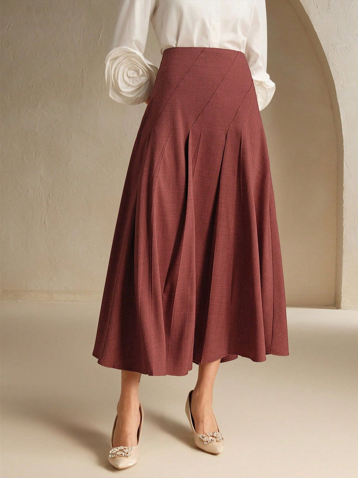 High Waist Pleated A Line Midi Skirt - Red - 3